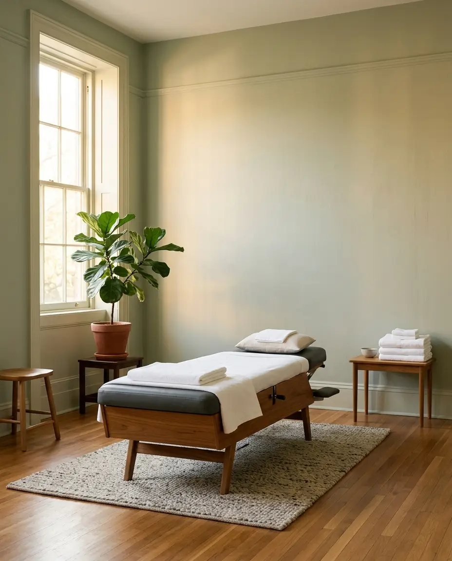 Calm, sun-lit treatment room at Fults Chiropractic